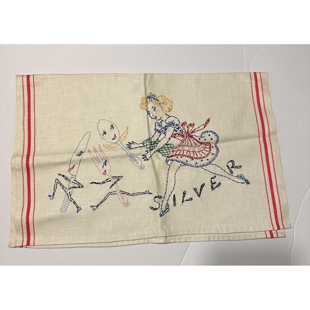 Vintage Retro 1950's Embroidered Linen Kitchen Towel Chores Polishing Silver